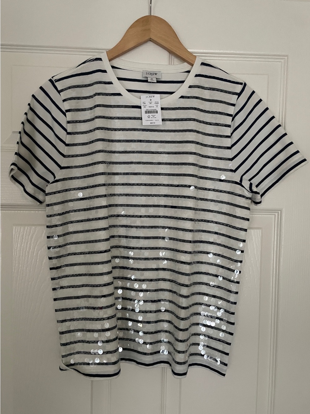 🪩 J. Crew White Tee with Navy Stripes and Silver Sequins 🪩 - Picture 1 of 5